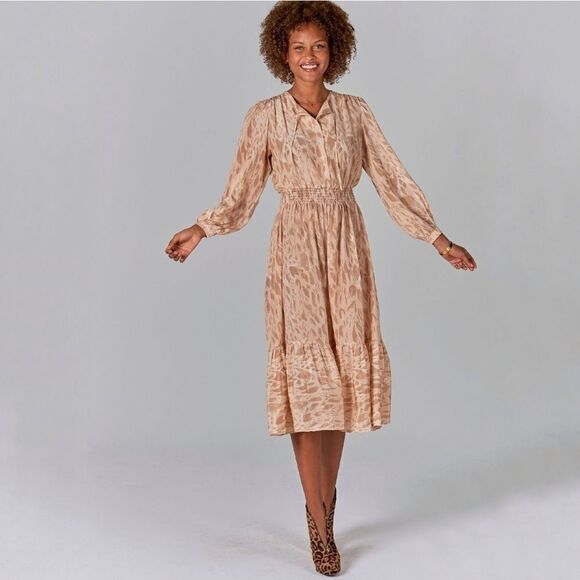 Tucker Juliette Dress Ivory Safari in Crepe de Chine Silk Midi Ruffles - Picture 1 of 3